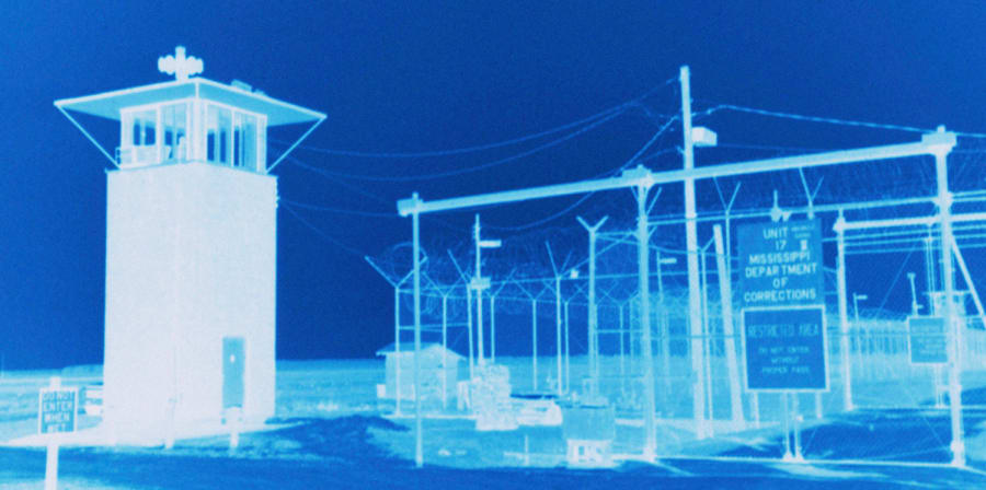 Blue negative of a prison