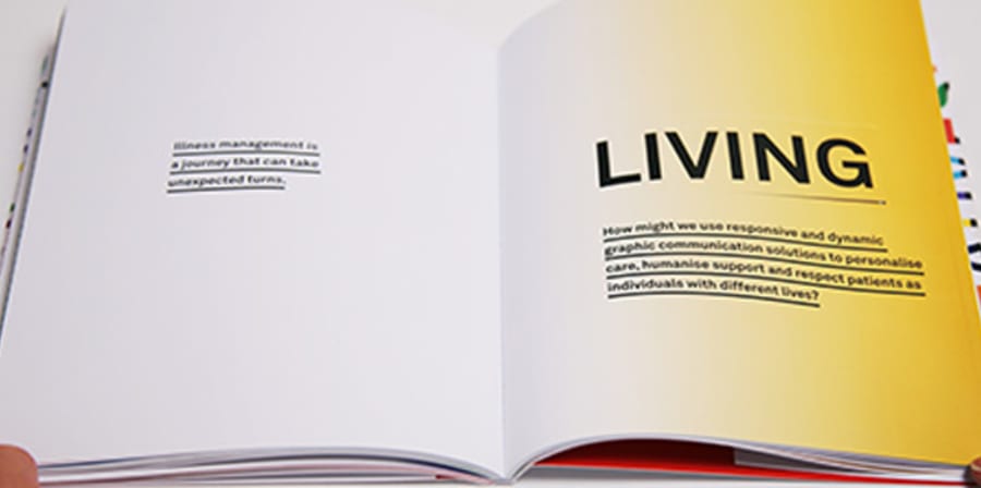 A book open to a page which says 'Living'