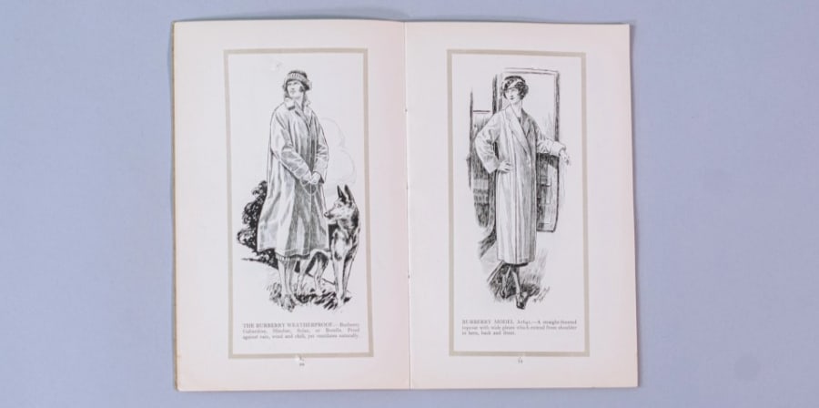 A double page spread catalogue showing black and white illustrations of women's fashion from 1916, including long coats and hats.