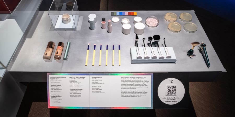 Makeup products laid out on a table