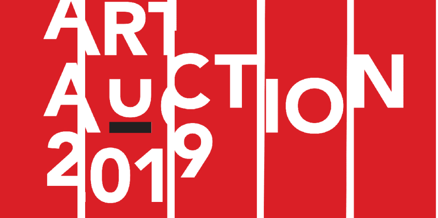 red blocks with white text overlaid art auction 2019