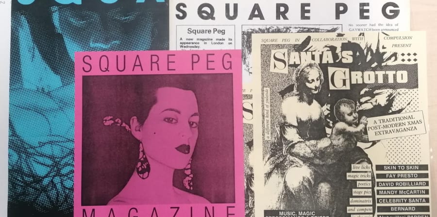 Colour photograph of a selection of flyers related to the magazine Square Peg. The front flyer is black text on pink paper, with the tag line, 'A journal for contemporary perverts'