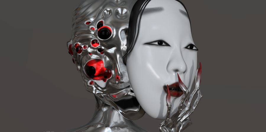 3D model of a Japanese folkloric mask with robot behind.
