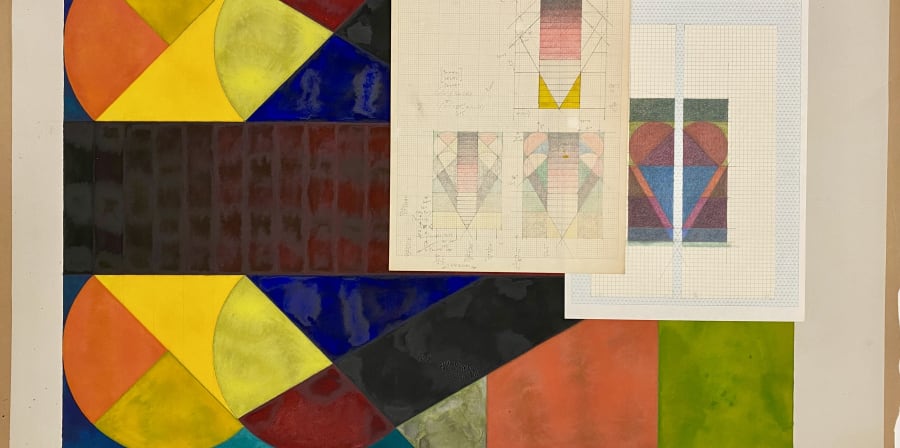 Colourful items from the Jo Ann Kaplan Archive, including one large artwork, in what appears to be gouache or watercolour on paper. It appears to be like an abstracted heart with a gap or brick wall through it. On top are laid two additional preliminary sketches on gridded paper showing the same motif, with different colour patterns.