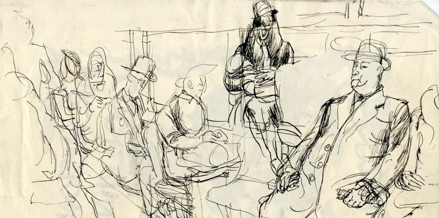 A sketch of people on a bus