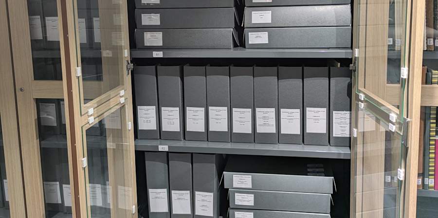 A colour photograph showing the Camberwell College of Arts archive repackaged neatly on shelves