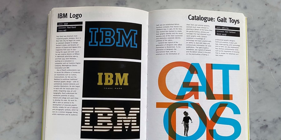 An open book detailing pages which explore the history of the IBM logo.