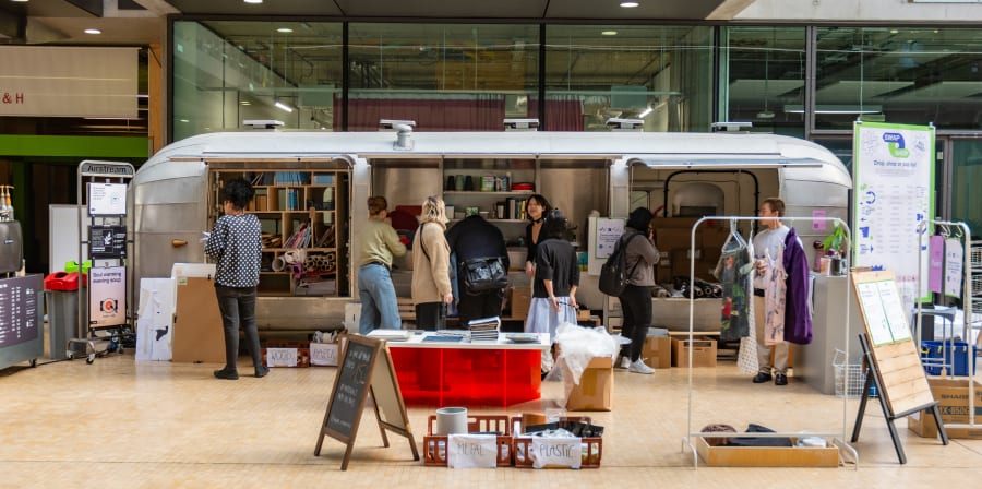 an air stream with students milling around