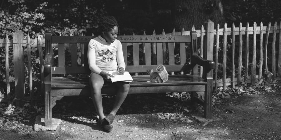A young girl on a park bench with a book next to a squirrel who is looking at her