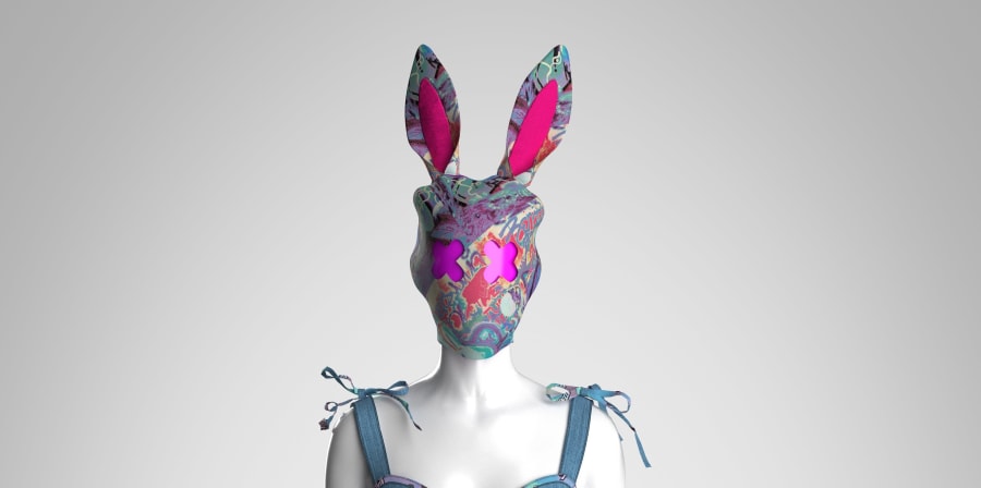 Digital fashion image with rabbit mask.