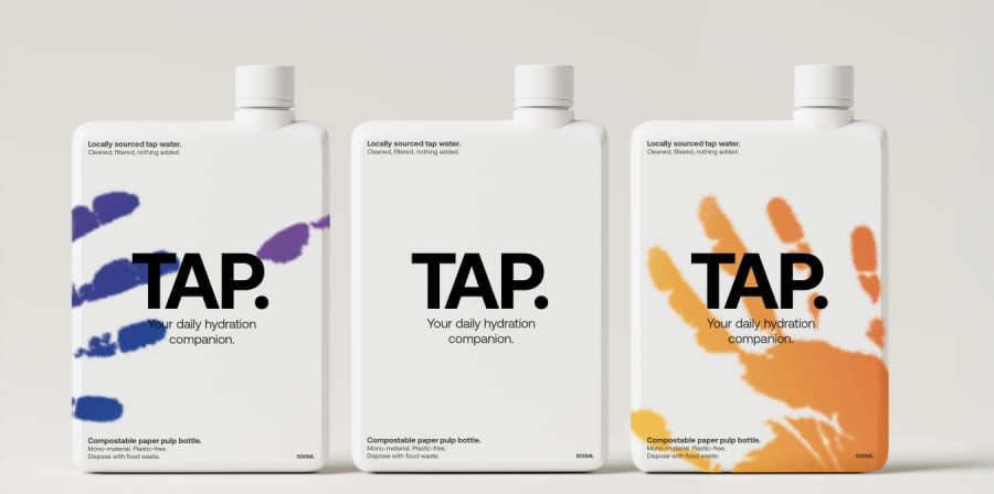 This is a photo of the Tap. Water Brand concept showing three bottles with colourful hand prints on them