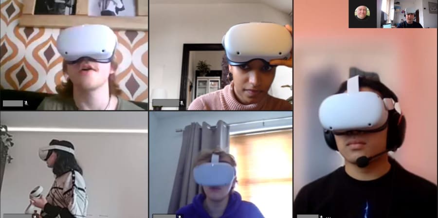 Group of students attending an online session about virtual reality