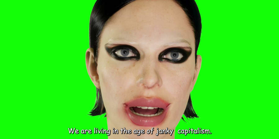 Queer AI with heavy make-up on bright green background.