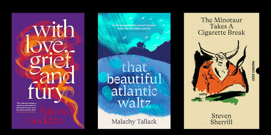 three book cover designs by Graphic Design MA student Valeri Rangelov - one purple, one blue and one orange and beige.