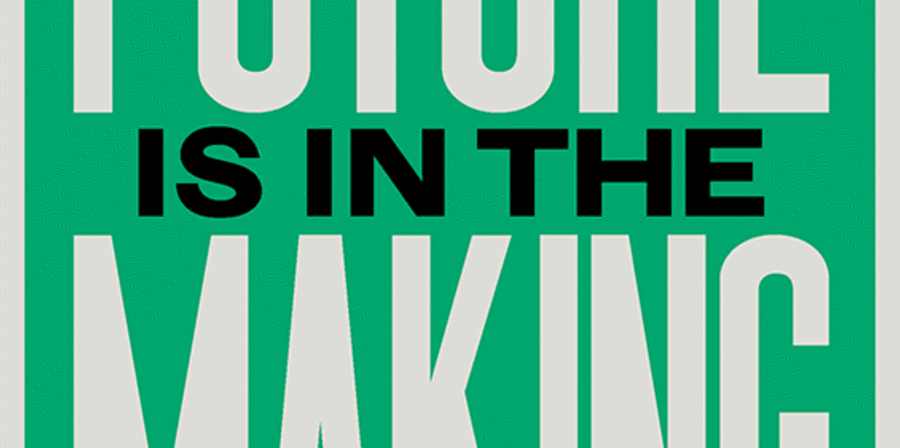 Green poster with large typeface of the exhibition title in white and black 