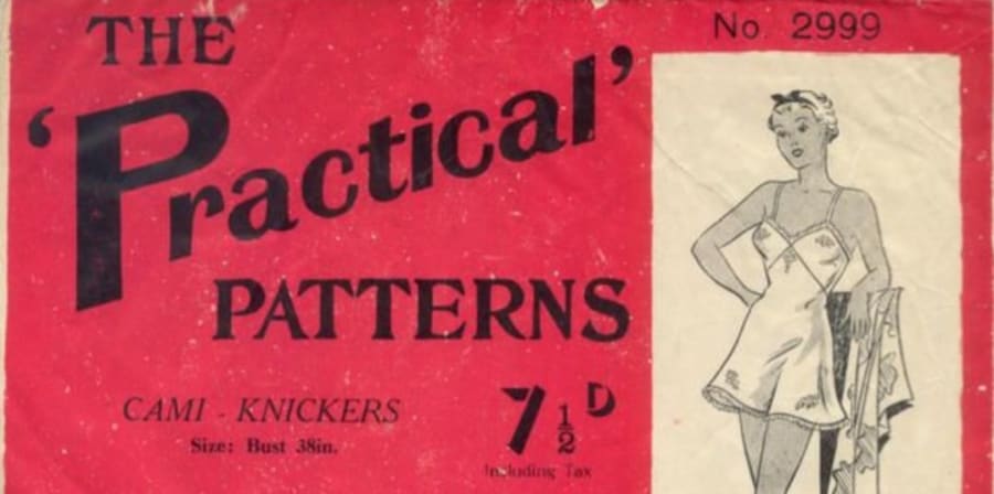 A 1940s dressmaking pattern for cami knickers, featuring a red backdrop and text that reads: 'The Practical Patterns'. There is a black and white fashion illustration of a woman wearing a camisole dress. 