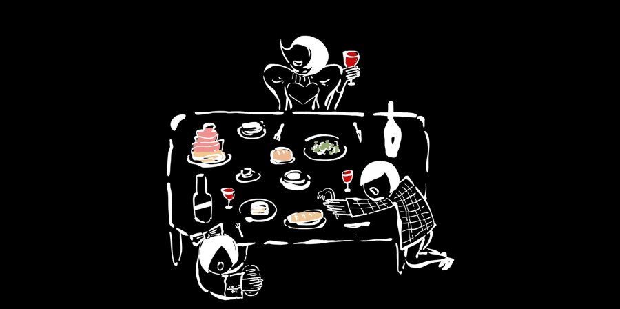 Illustration of people around a table eating