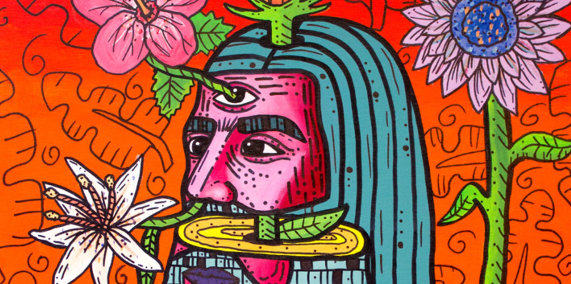 Brightly coloured painting of a man with long hair surrounded by flowers