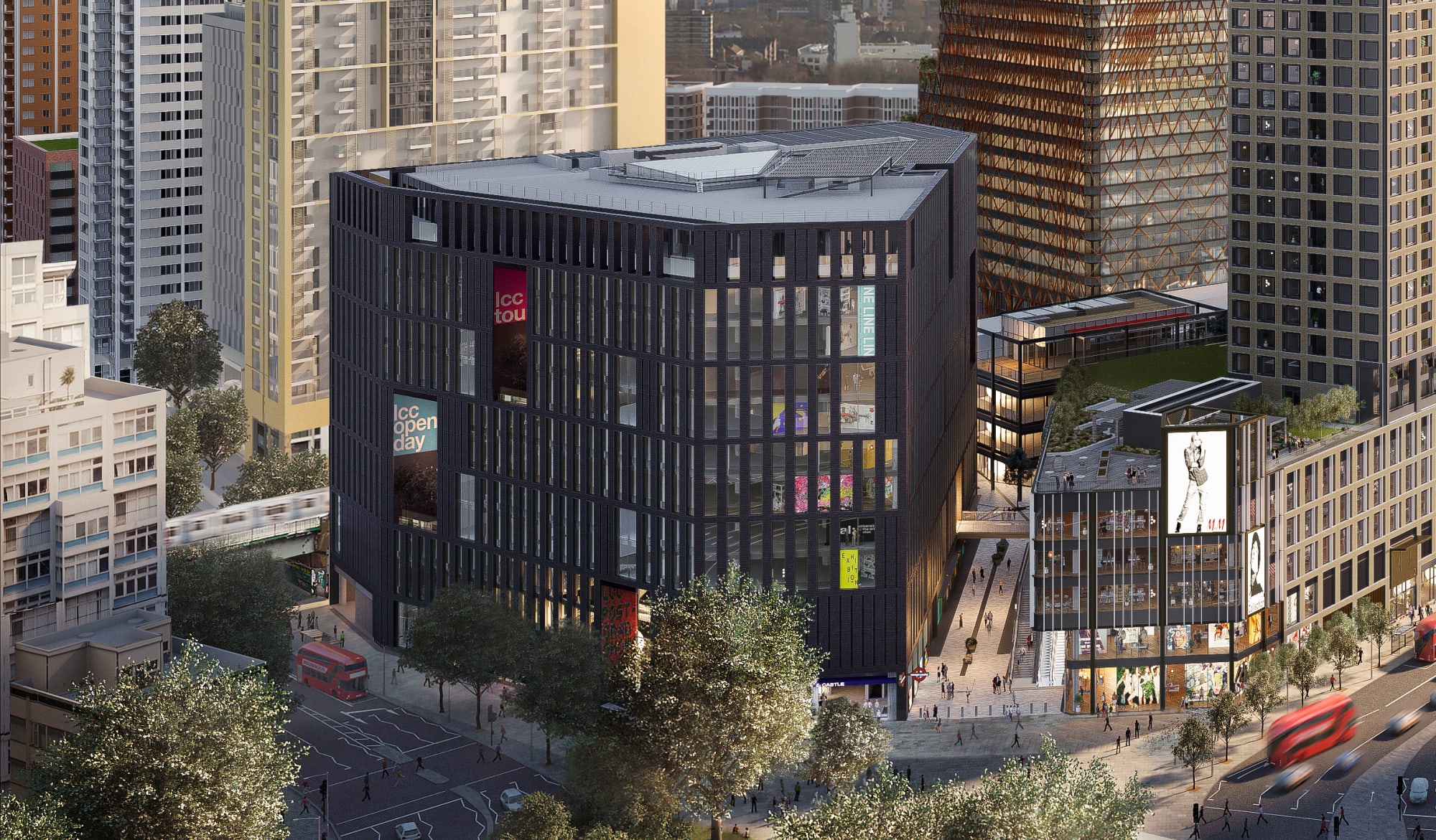 Visualisation of the new LCC building – a tall, large black structure with tall windows, with trees and a roundabout in the foreground, and tall new buildings in the background
