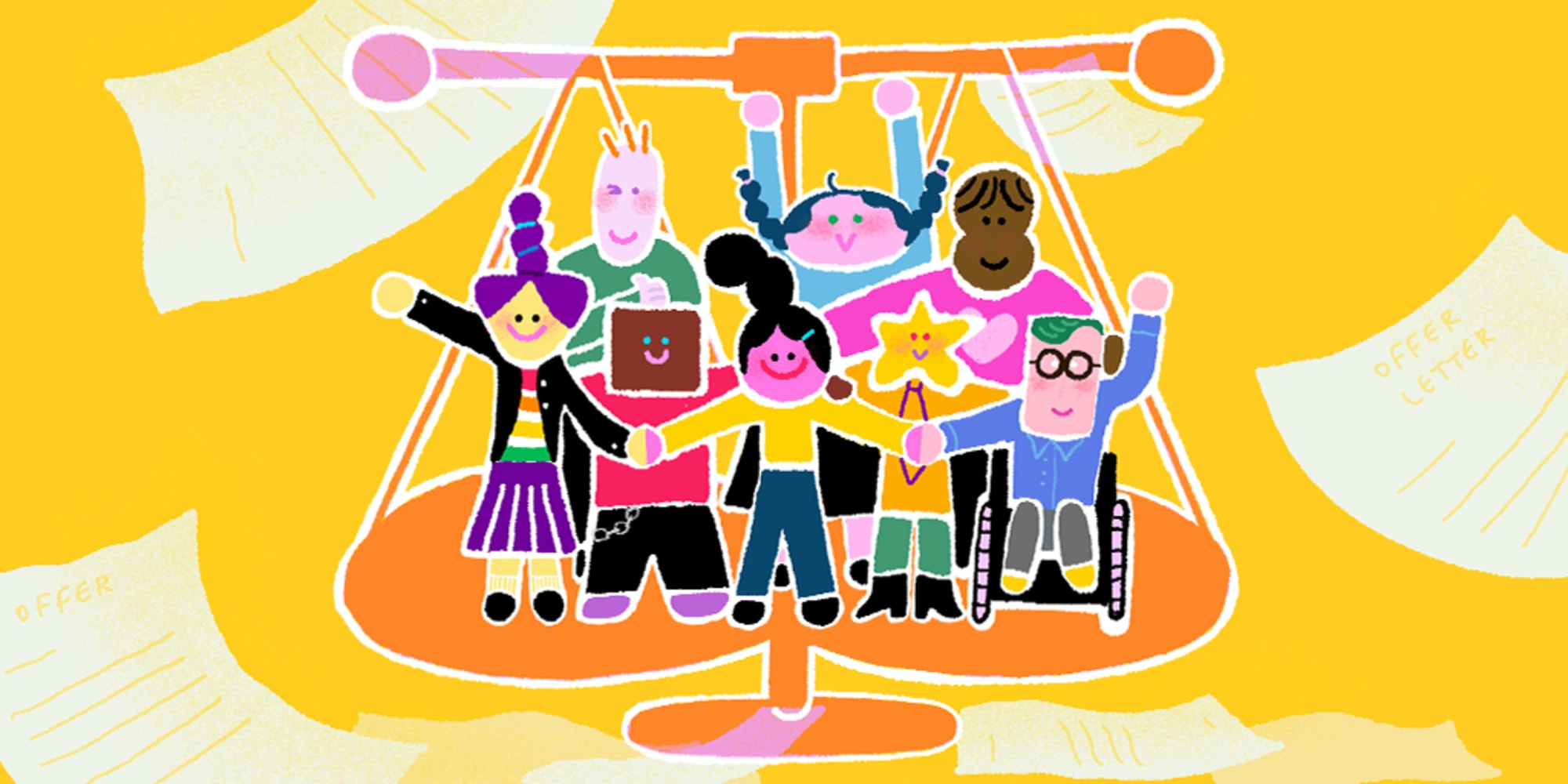 Cartoon characters with different shaped heads stand on an equal scale