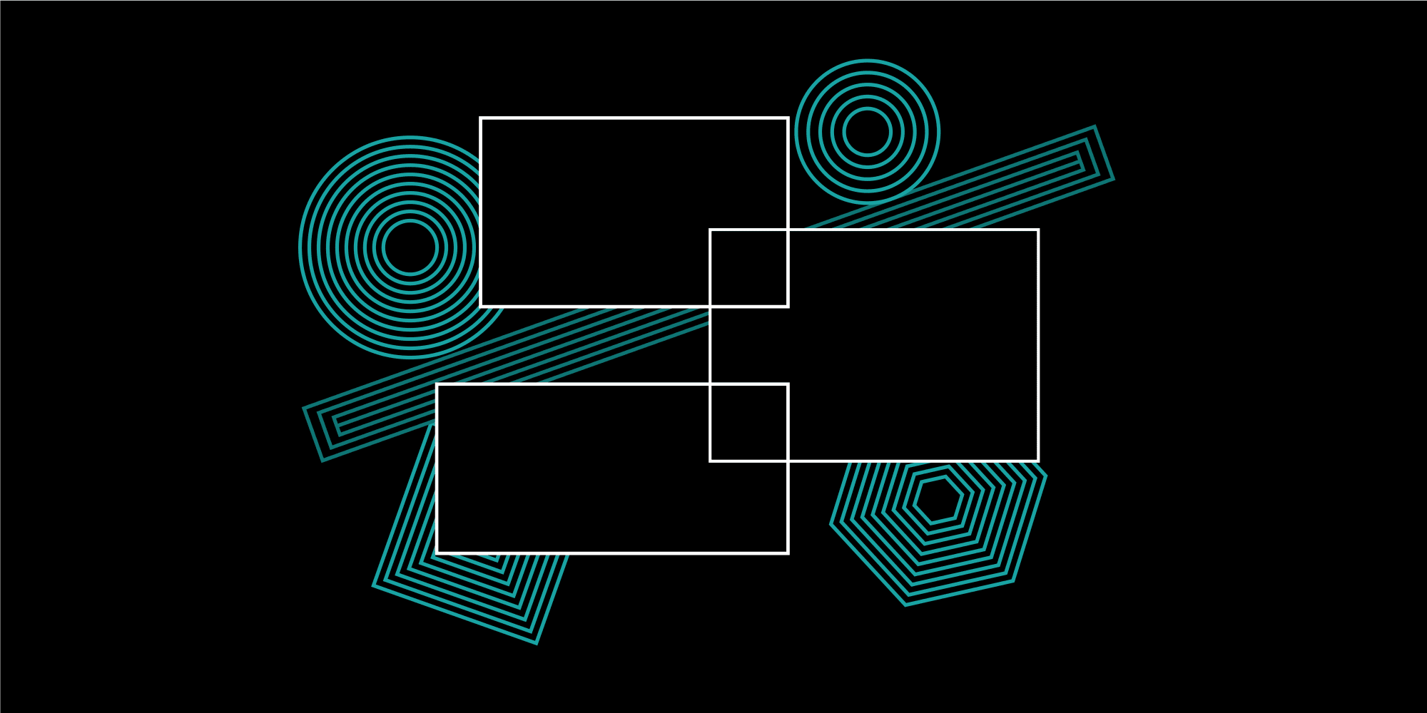 Graphic of outlined circles and rectangles in white and teal, overlapping on a black background