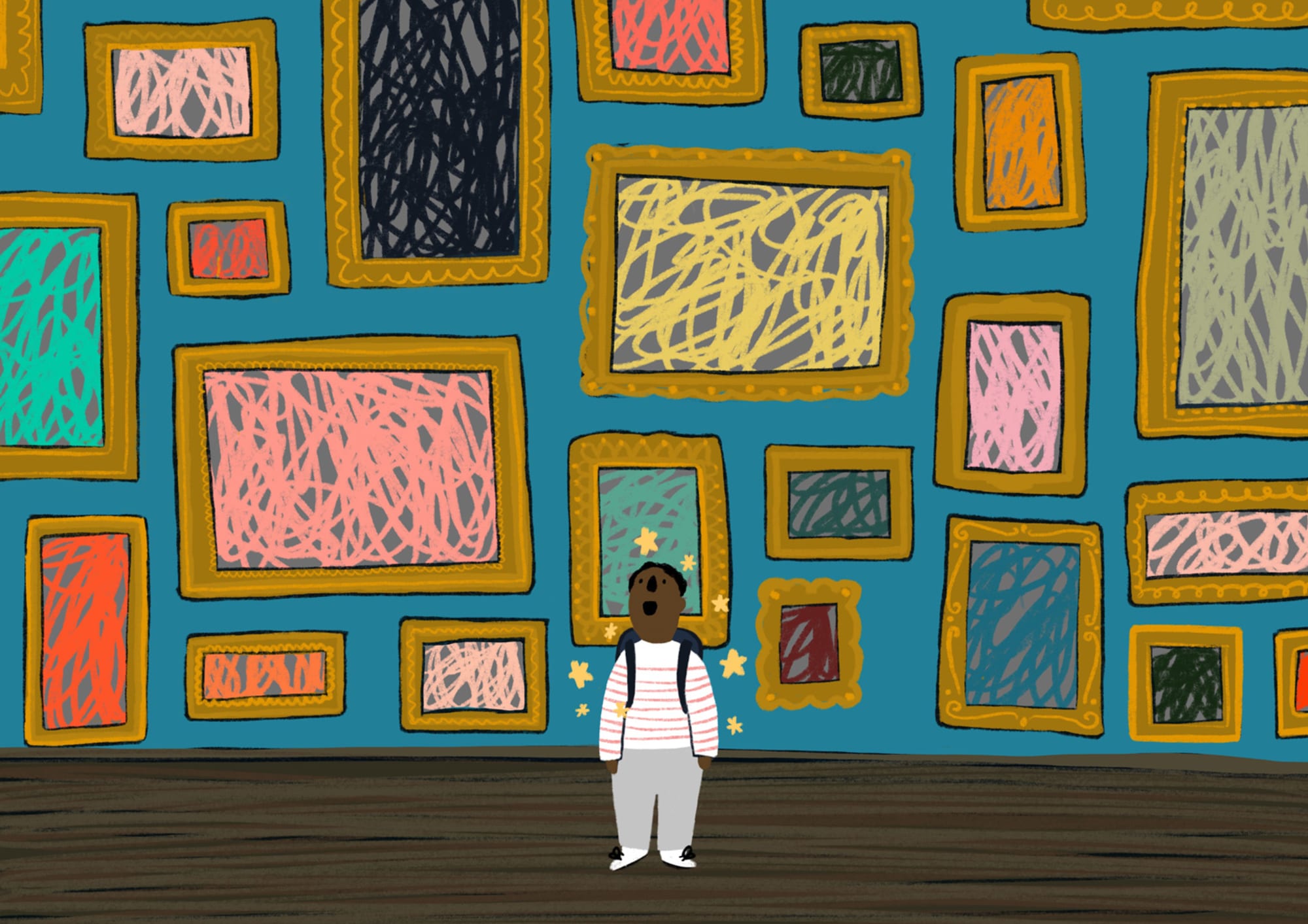 Playful Illustration of a small child standing in a gallery the framekd pictures contain colourful scribbles