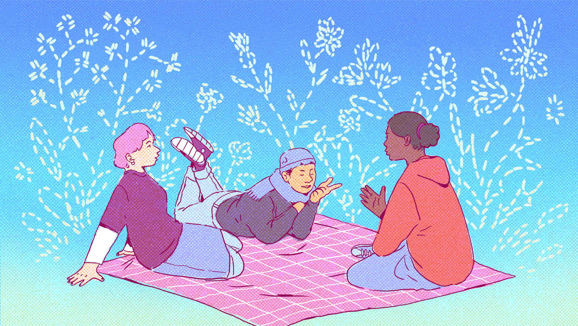 Bright illustration of three people having a conversation on a picnic blanket, set over a blue gradient background with an embroidery of plants.