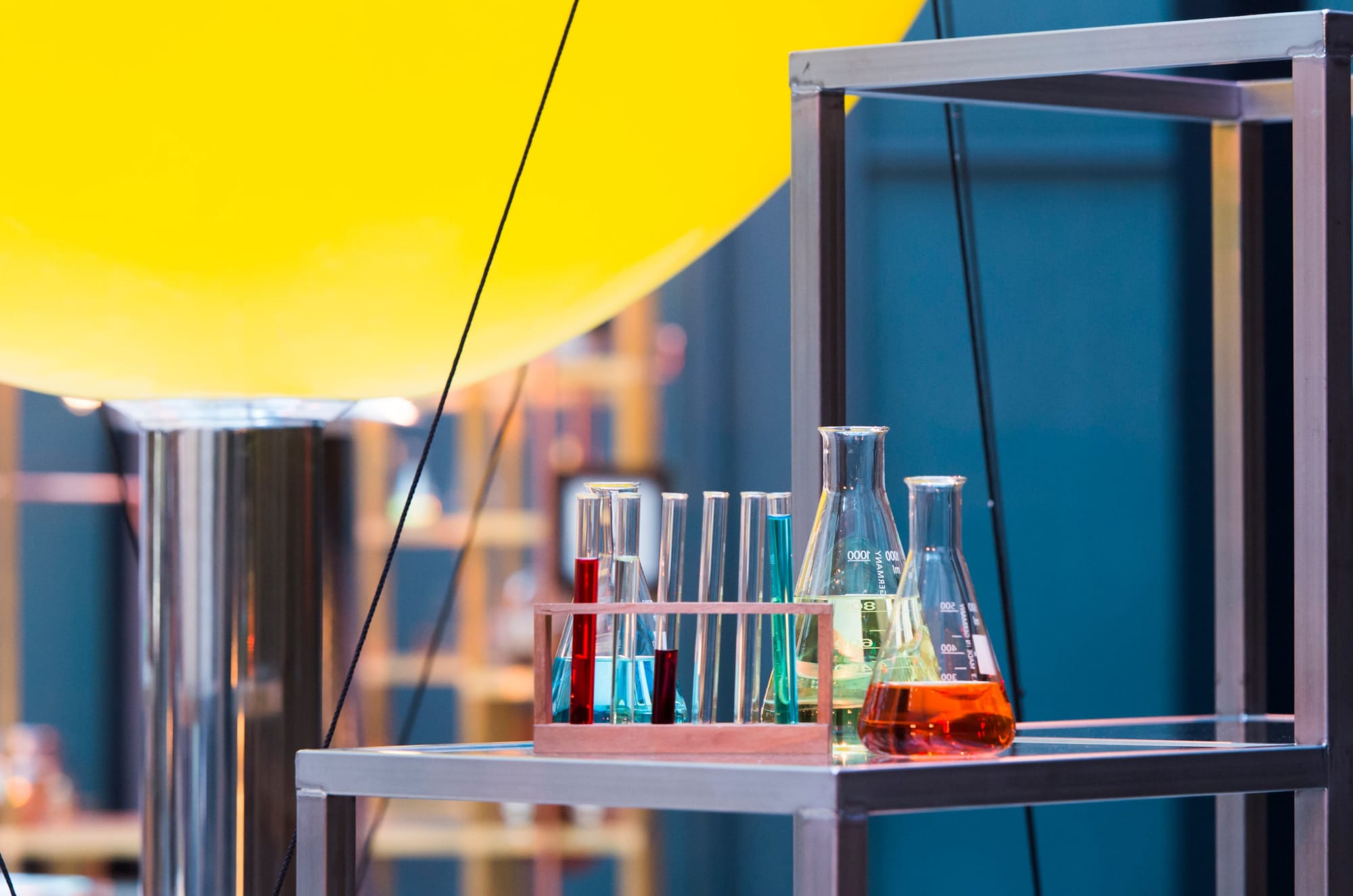 Science beakers with different colour liquids