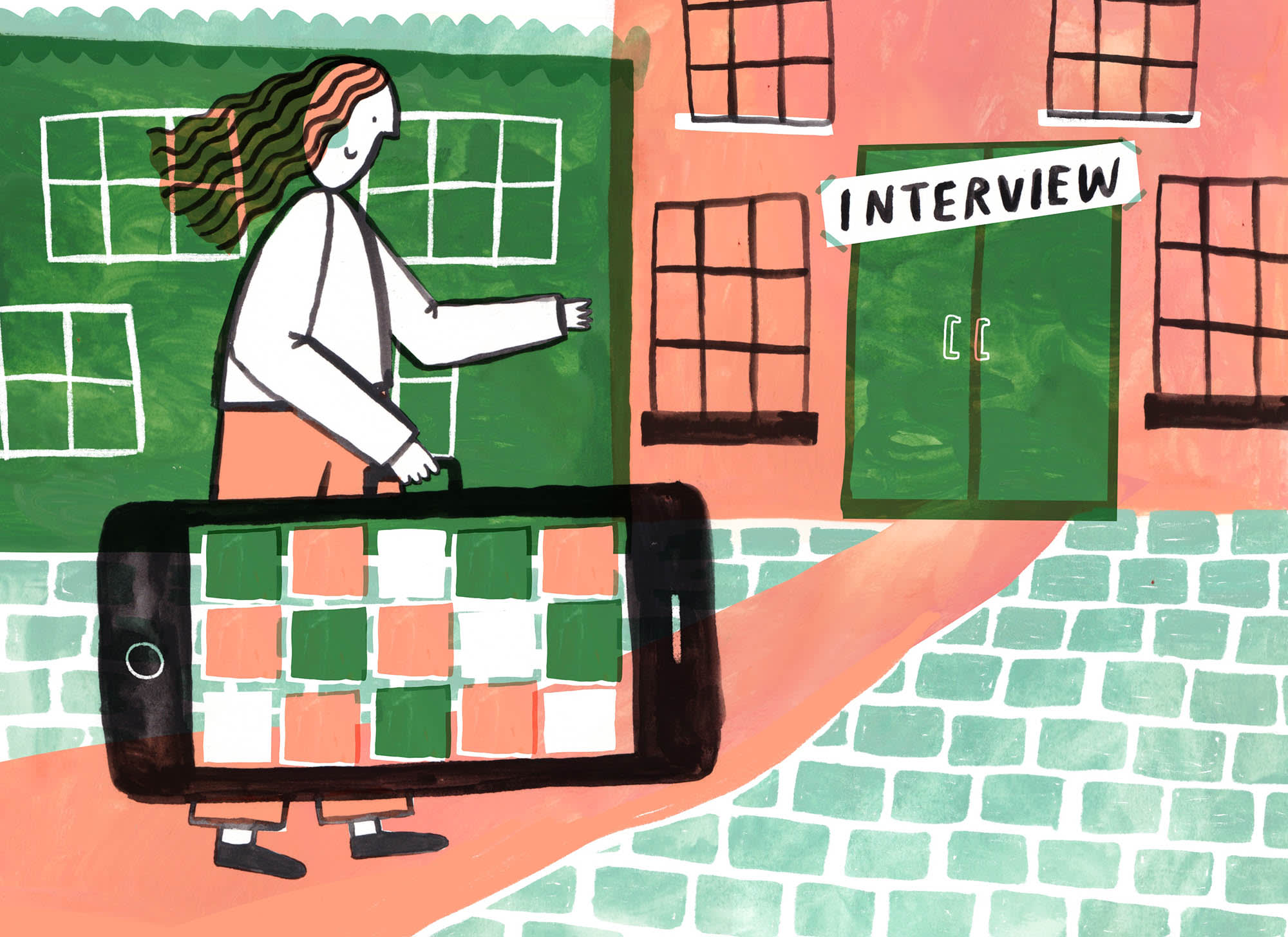 An illustration of a person carrying their portfolio into an office