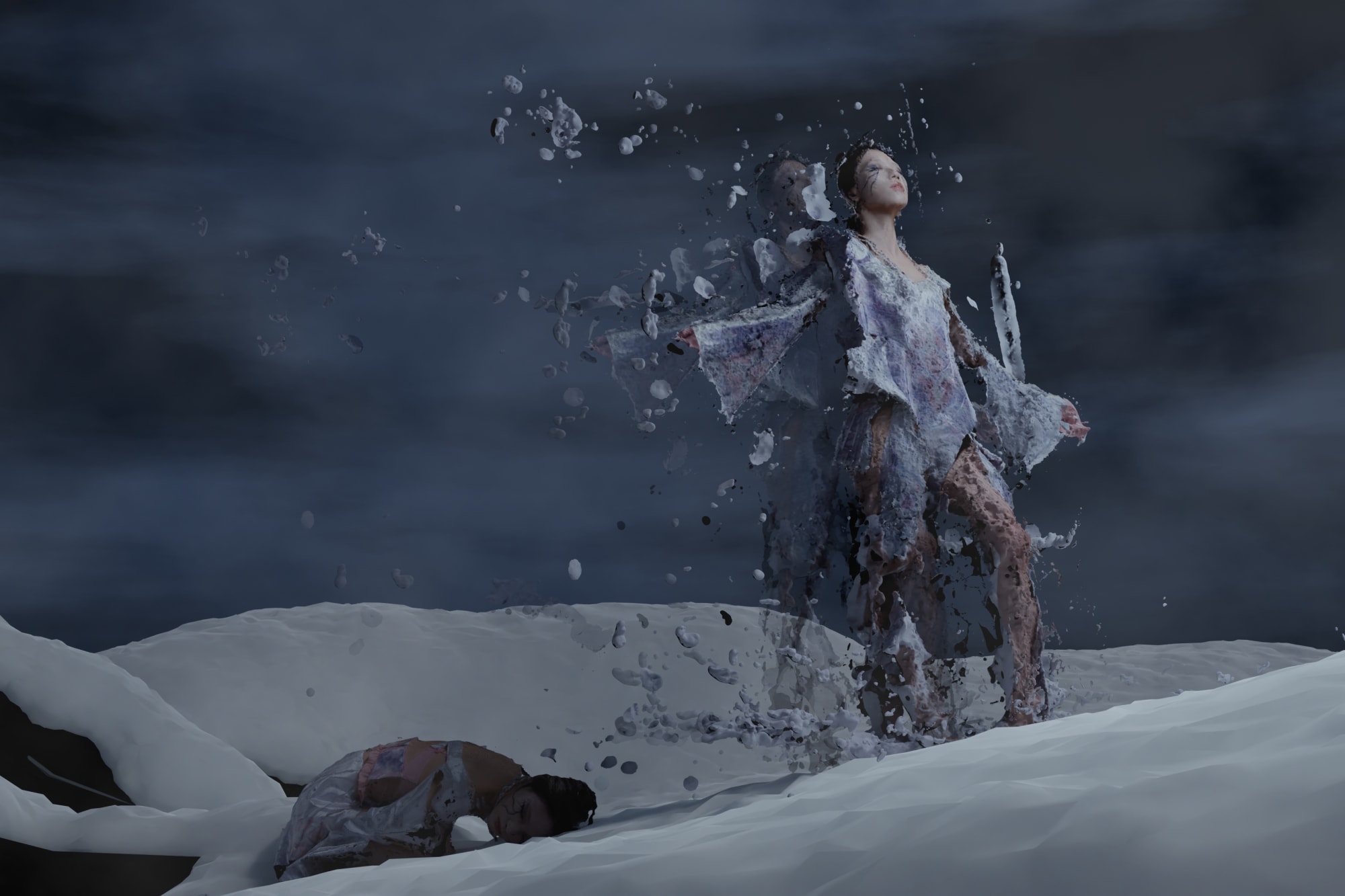 Model in space with clothing and body starting to disperse and break down.