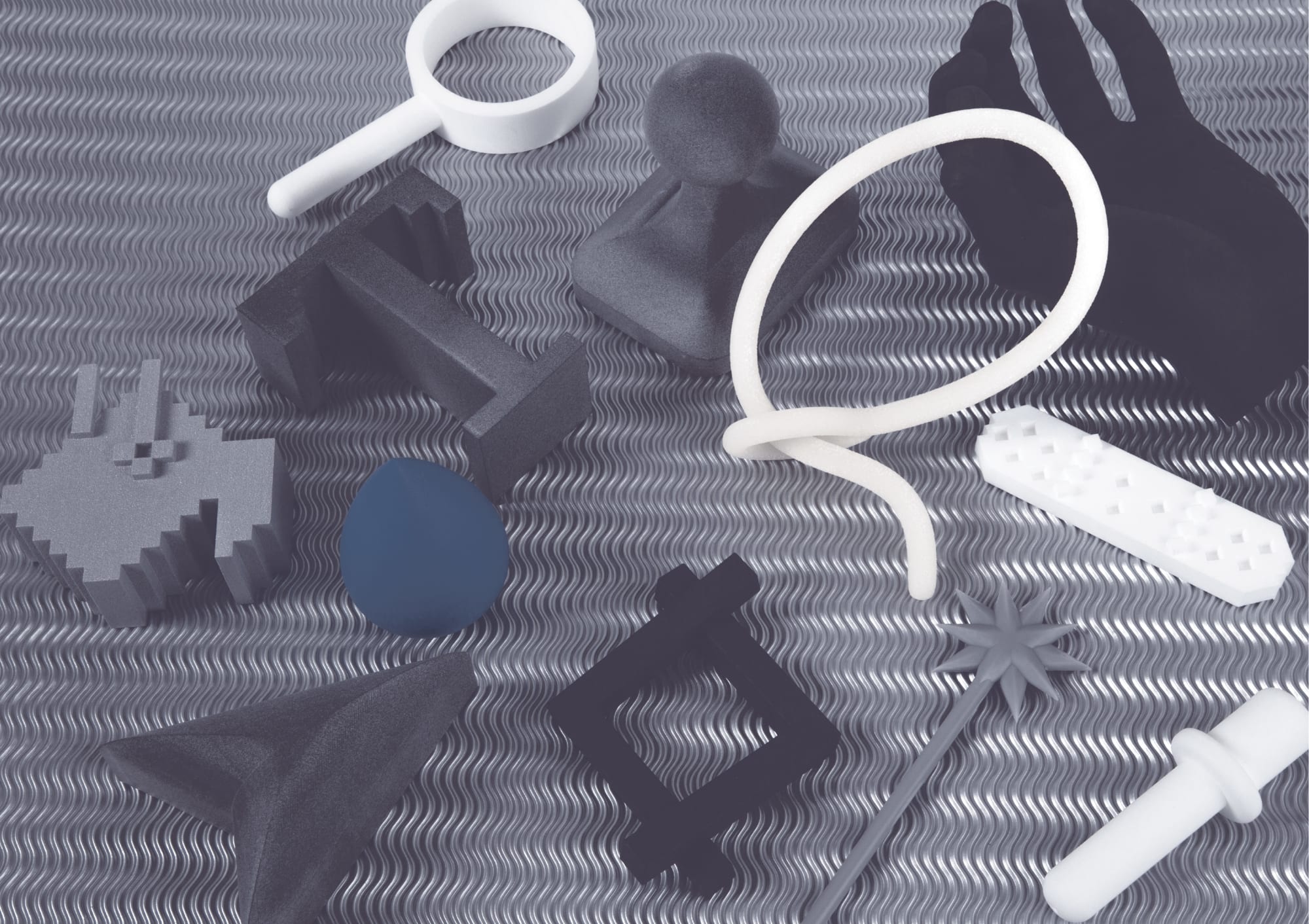 Computer-generated image of grey and white objects.