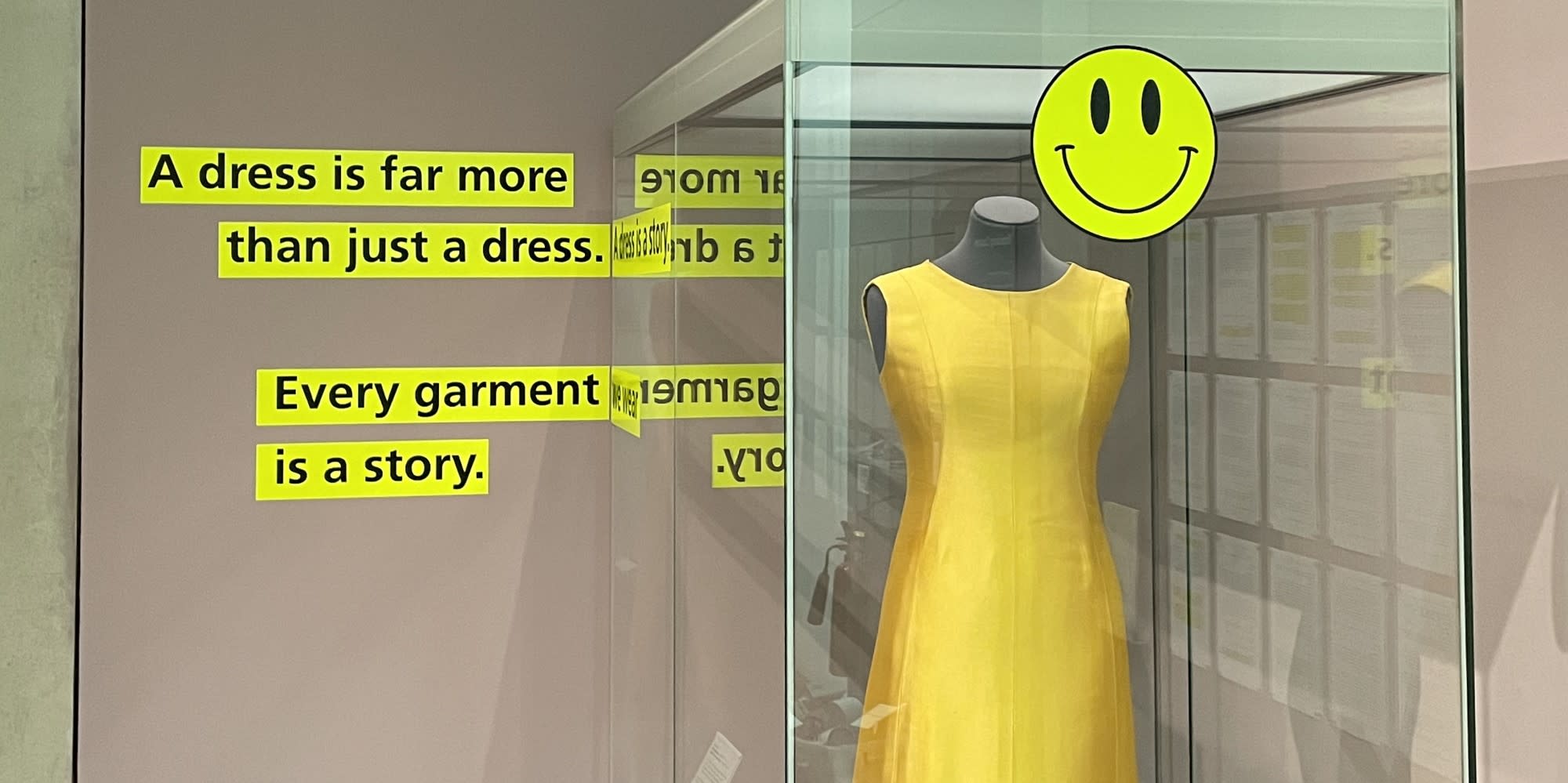 Dress by Balenciaga alongside text by performance artist Cheddar Gorgeous in a section of the exhibition examining fashion, dress and positive well-being.