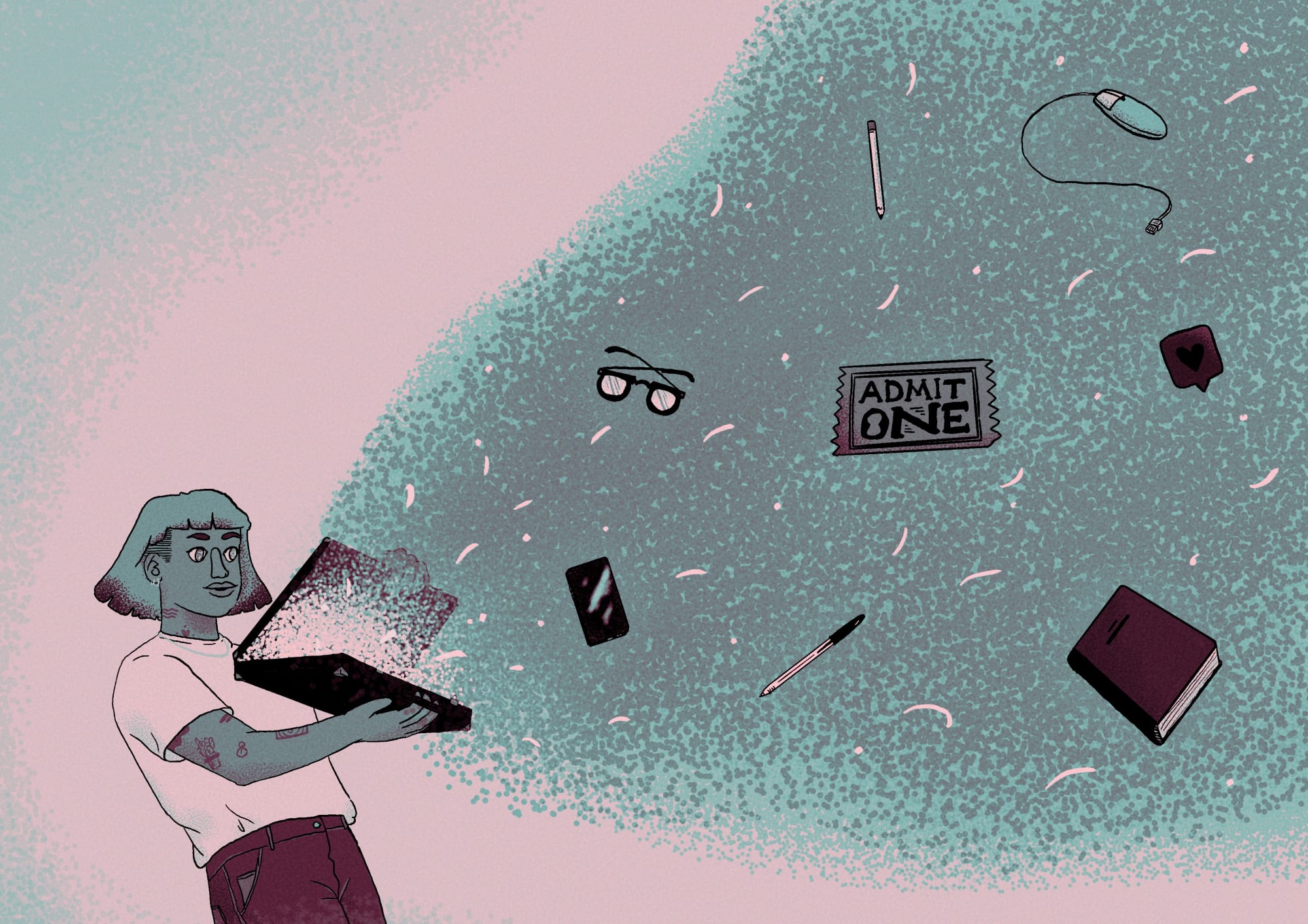 Illustration of person opening a lap top with items bursting out of it - including a pen, book and ticket