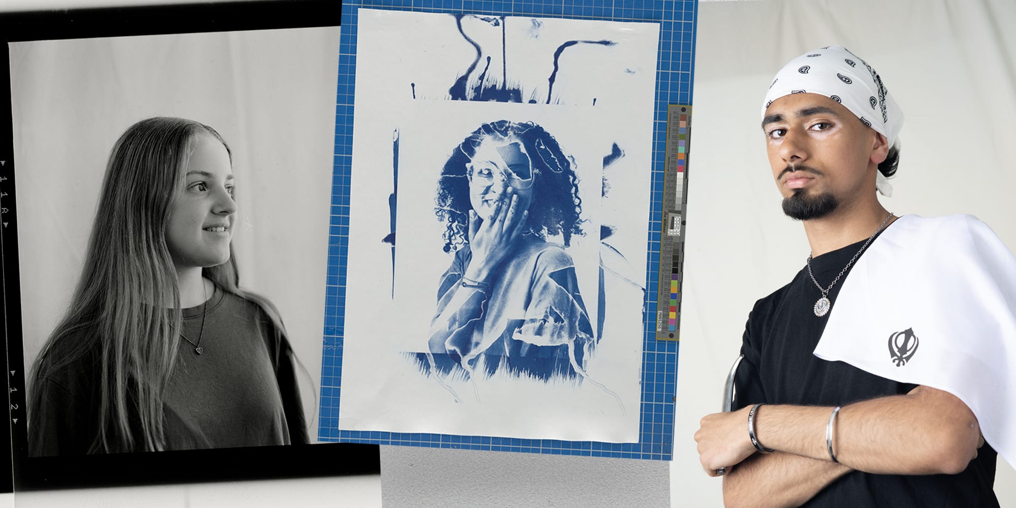 3 photographic portraits left to right- black and white head shot, cyanatype print on blue cutting board, full colour portrait in studio