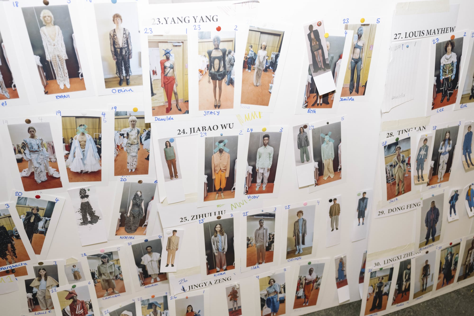 Running order and photographs pinned to wall.