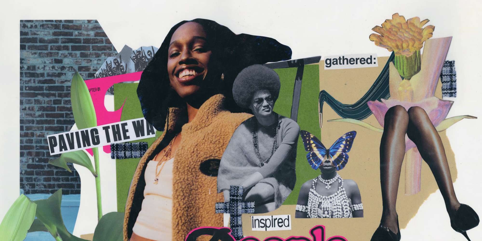 Colourful cut out collage imagery featuring Black women, inspirational words, textures, legs, a plant and a butterfly
