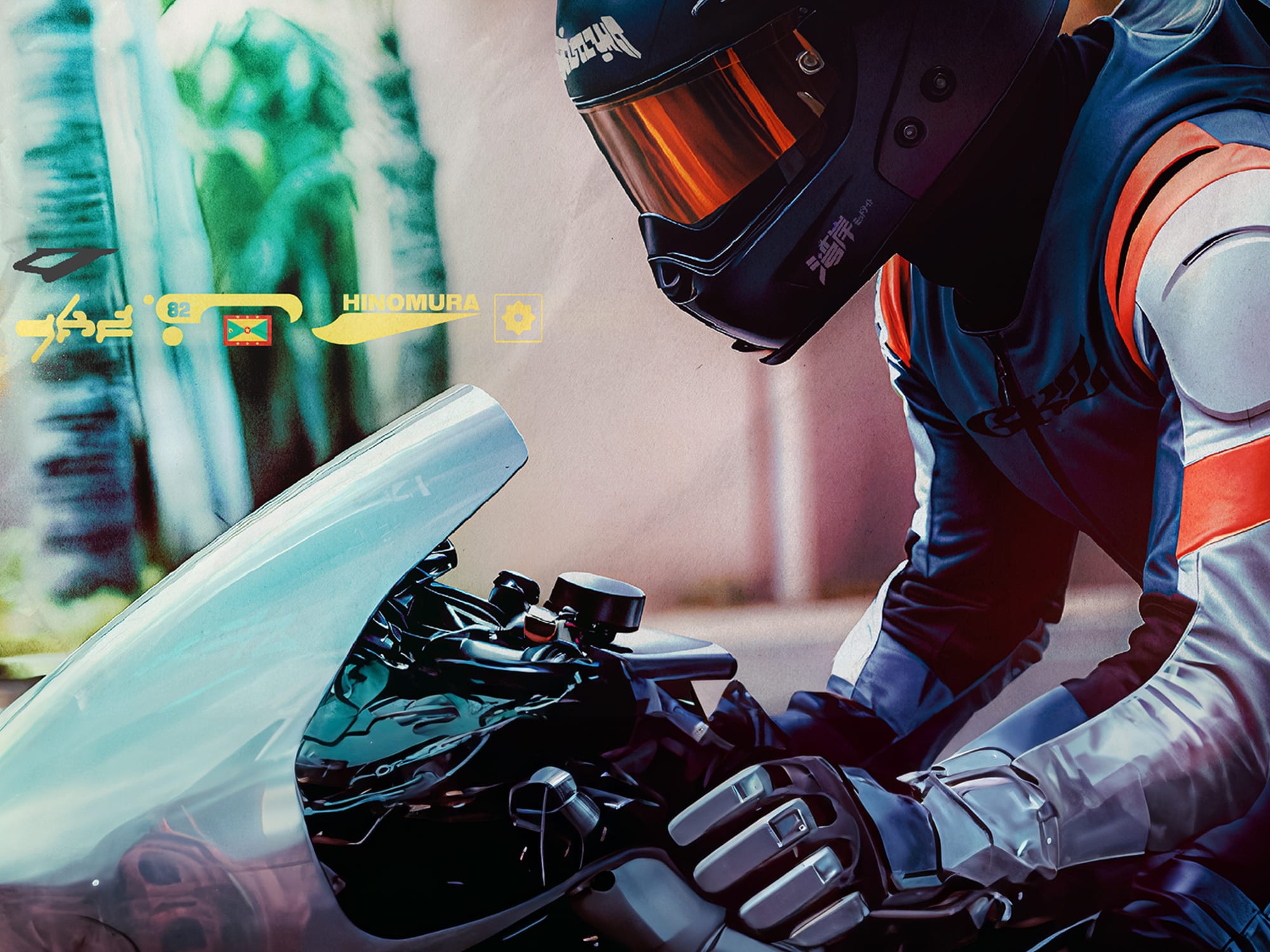 Close up of motorcyclist on bike.