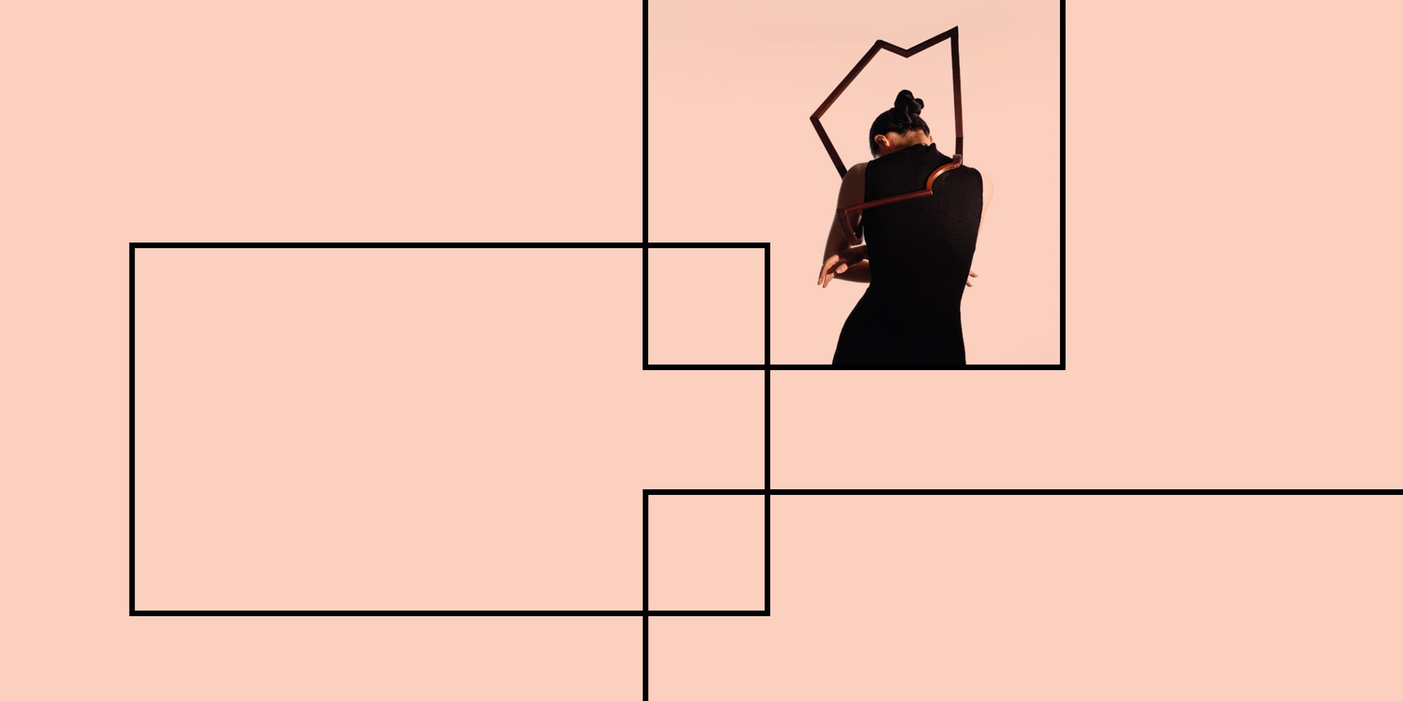 A person in black, seen from behind, stands against a peach background intersected by black geometric lines, creating an abstract, contemplative mood.