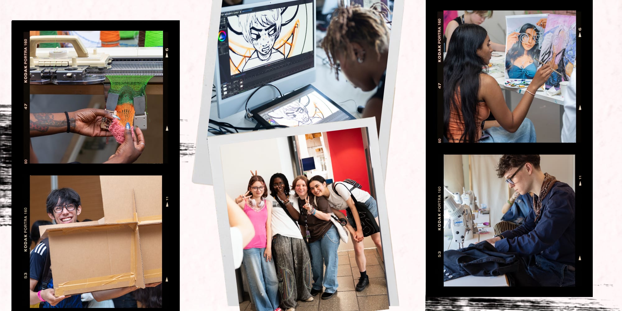 A collage of six polaroid images of students. The images include a student holding woven fabric, a student smiling holding a cardboard structure, 4 students posing for a photo, a student designing an illustrated character on the computer, a student painting and a student sewing denim