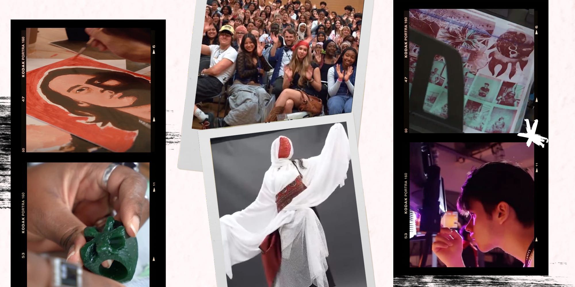 Series of images featuring student work including portrait painting, jewellery, styling photoshoot, print making and at work in the photiography studio