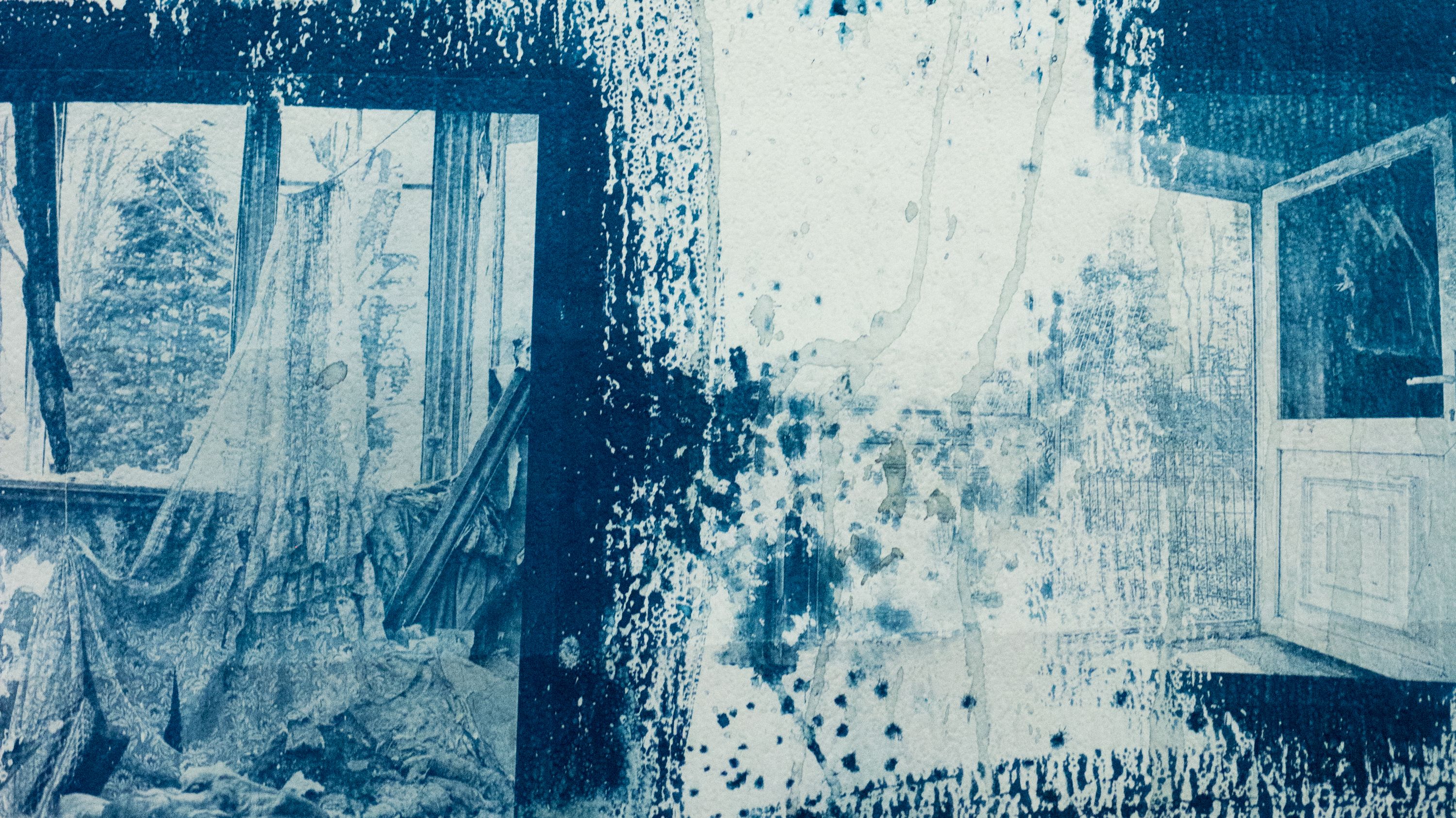Blue and white ink and print on paper