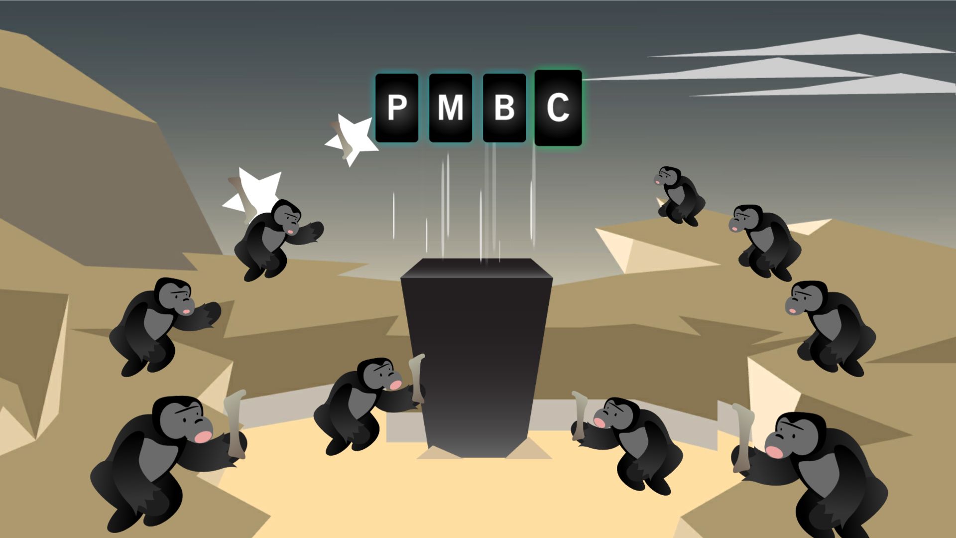screenshot of game displaying apes surrounding a monolith with the letters PMBC above