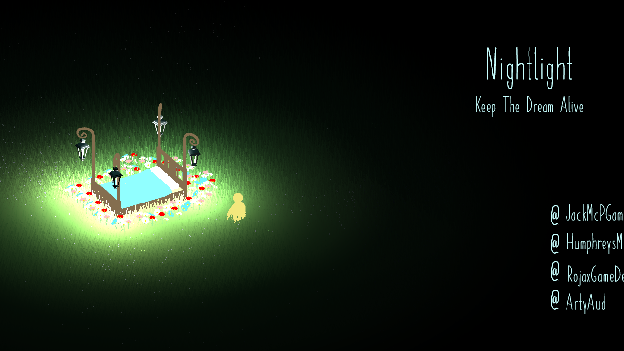 Screenshot of game showing lit up garden in a night time setting.