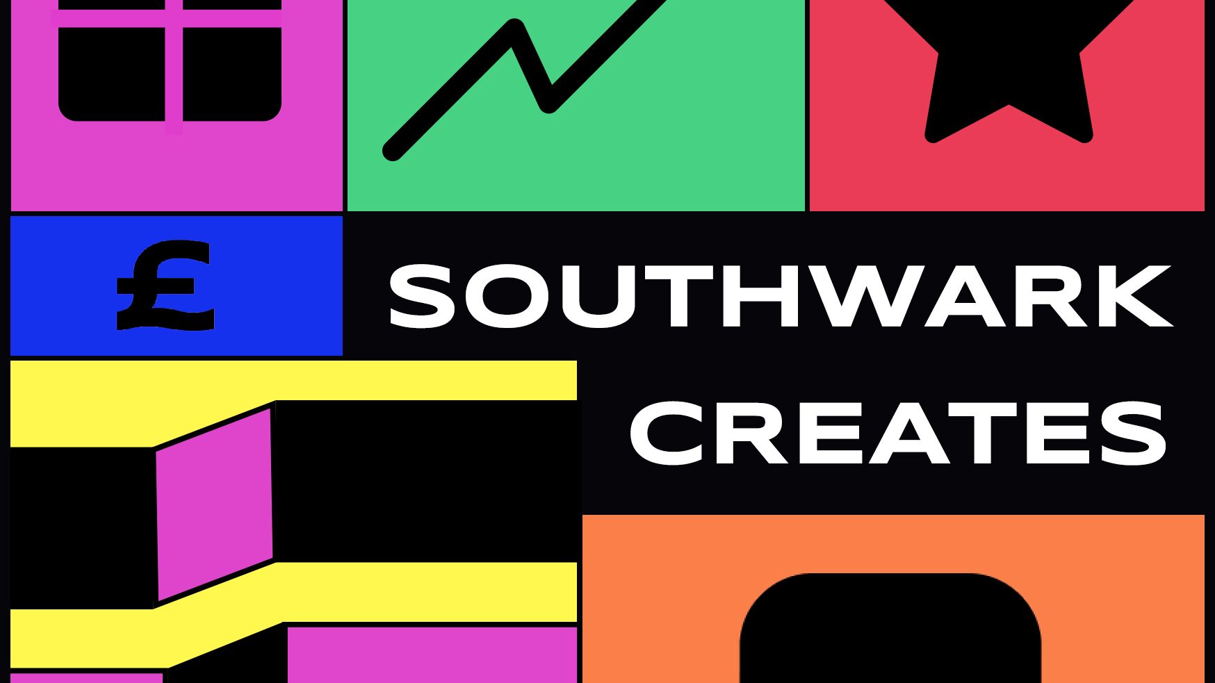 Poster for Southwark Creates made up of brightly coloured graphic shapes.