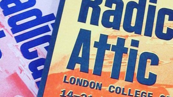 Poster design for Radical Attic. Showing a section of blue text on an orange background.