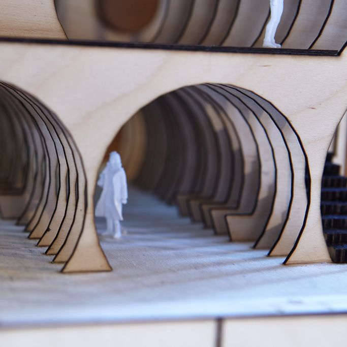 Miniature wooden model of a building 