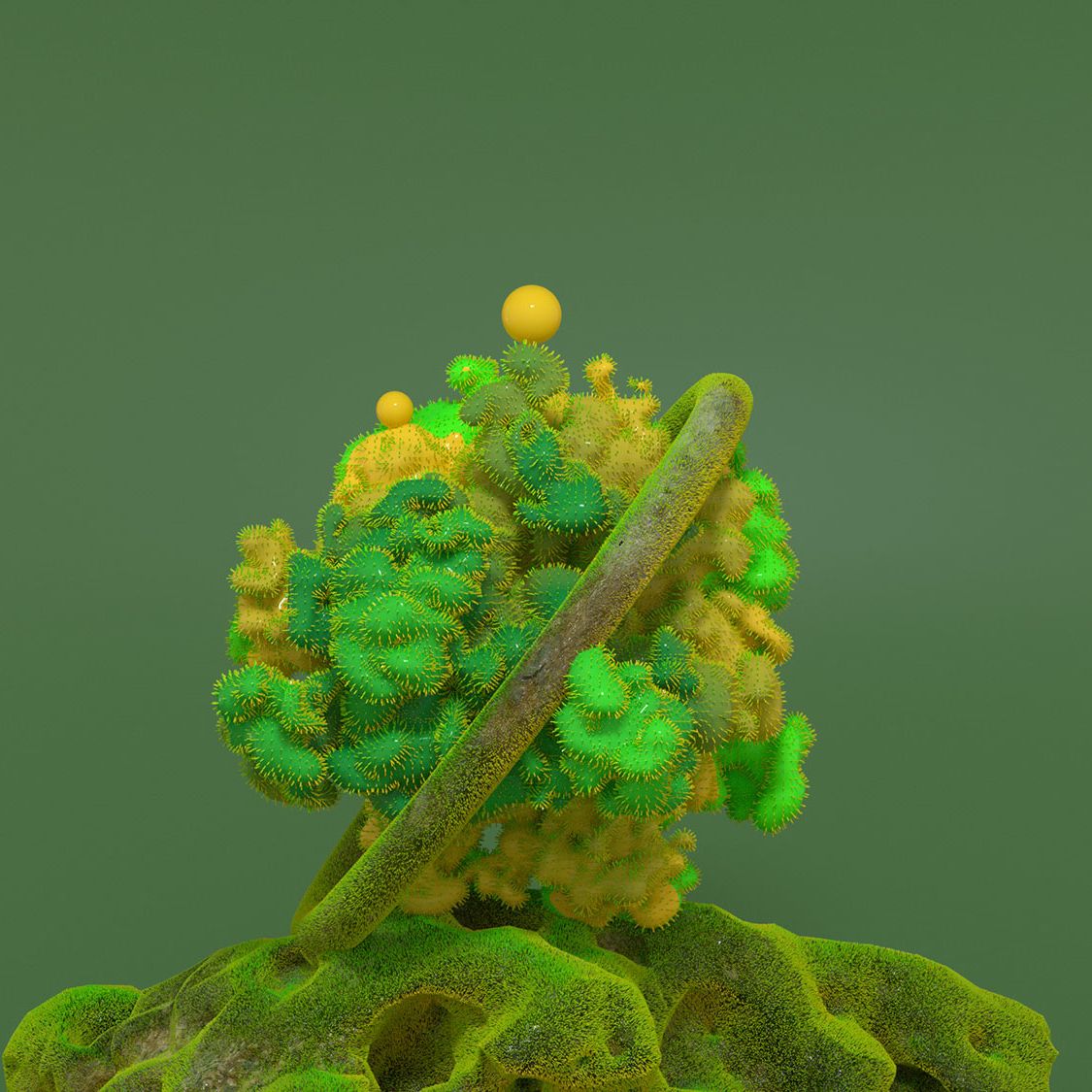 CAD image of green furry object with many textures on green background