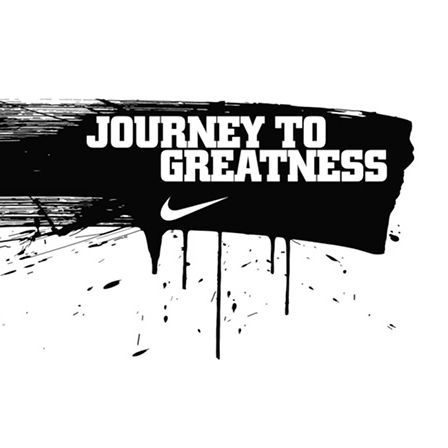 The text 'journey to greatness' and the nike tick logo is printed in white on a smear of black paint on a white background..