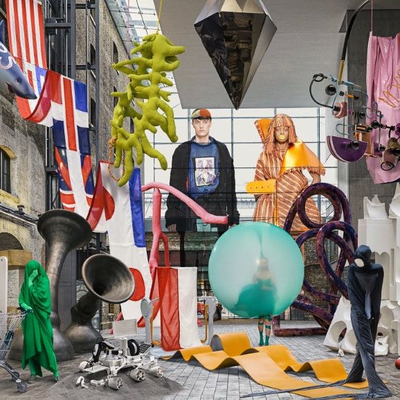 Composite photograph of interior space filled with artworks, sculptures and objects