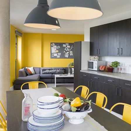 Photo of a grey and yellow kitchen